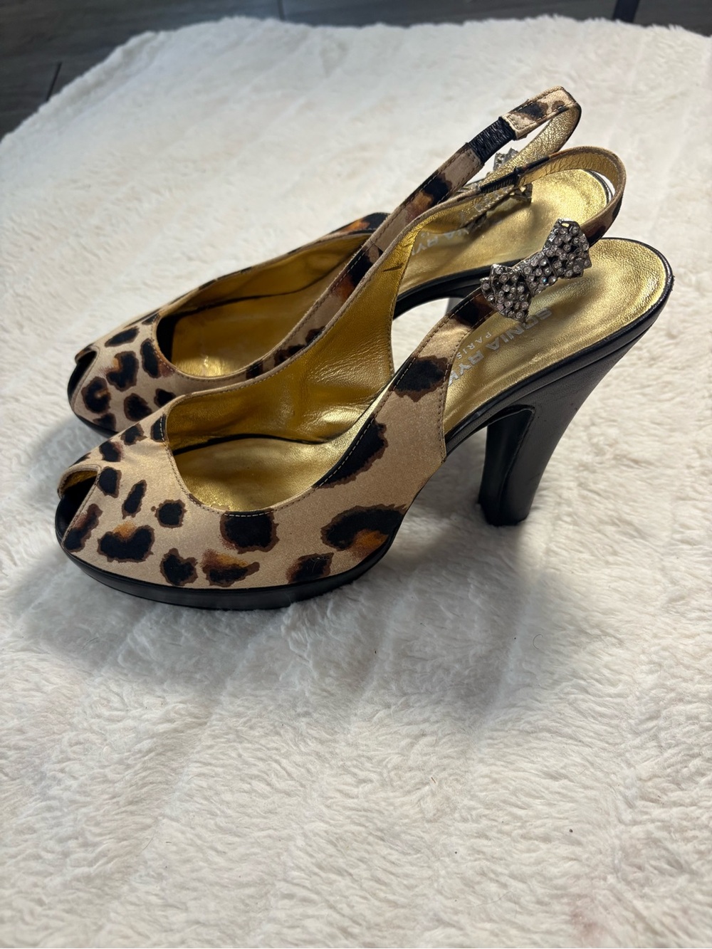 Sonia Rykiel Leopard Print Slingback Heels with Gold Insole and Rhinestone Bow
